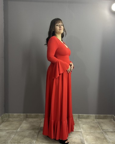 Vestido Rojo Con Manga Acampanada
