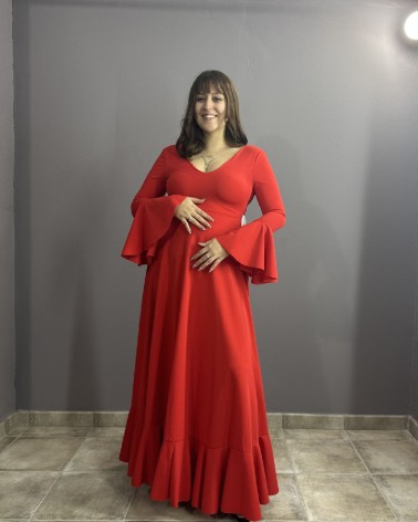 Vestido Rojo Con Manga Acampanada