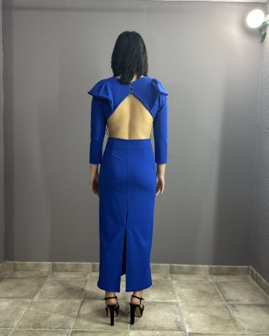 Vestido Azul Midi con Volantes En Hombros y Espalda Descubierta