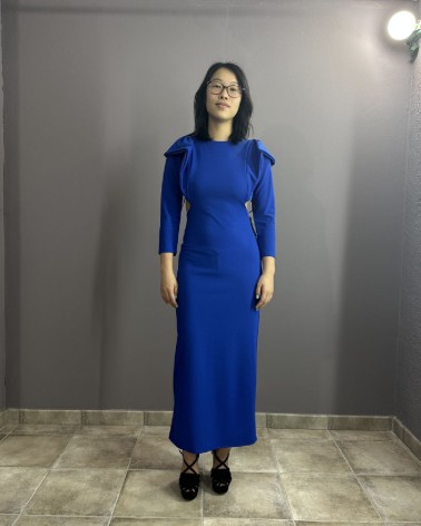 Vestido Azul Midi con Volantes En Hombros y Espalda Descubierta