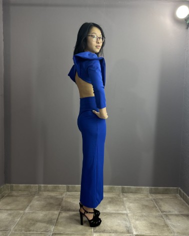 Vestido Azul Midi con Volantes En Hombros y Espalda Descubierta