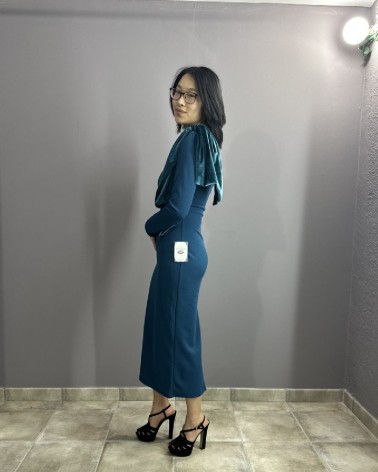 Vestido Azul Largo Con Lazo En El Hombro Y Escote Asimétrico