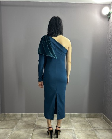Vestido Azul Largo Con Lazo En El Hombro Y Escote Asimétrico