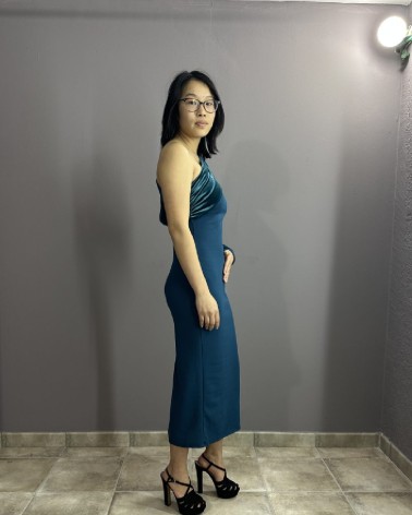 Vestido Azul Largo Con Lazo En El Hombro Y Escote Asimétrico