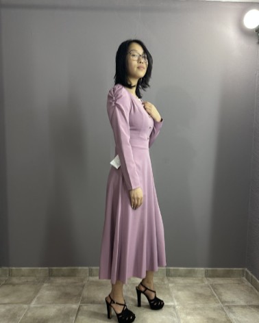 Vestido Midi Rosa Palo De Manga Larga