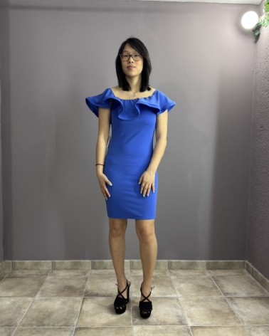Vestido Azul Midi Con Volantes Pecho