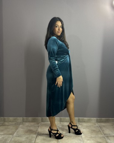 Vestido Midi Azul Aterciopleado De Manga Larga y Escote V