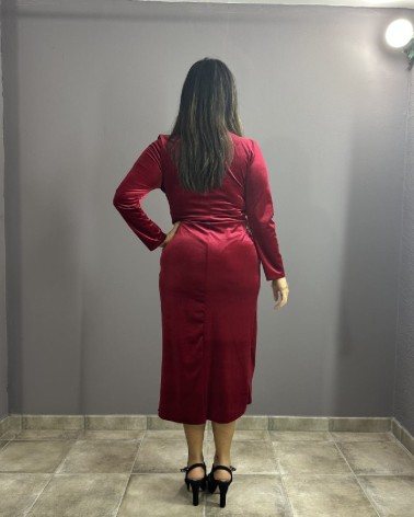 Vestido Midi Rojo Terciopelo Manga Larga Y Escote V