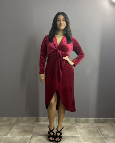 Vestido Midi Rojo Terciopelo Manga Larga Y Escote V