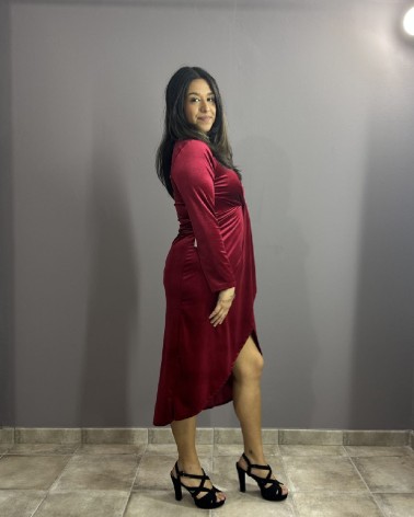 Vestido Midi Rojo Terciopelo Manga Larga Y Escote V