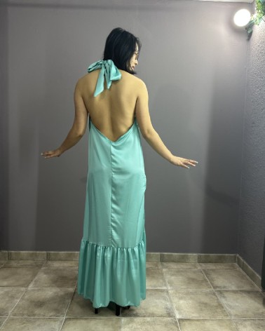 Vestido largo halter turquesa satinado con volante en el bajo