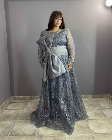 vestido de fiesta largo plata con lazo y corsé