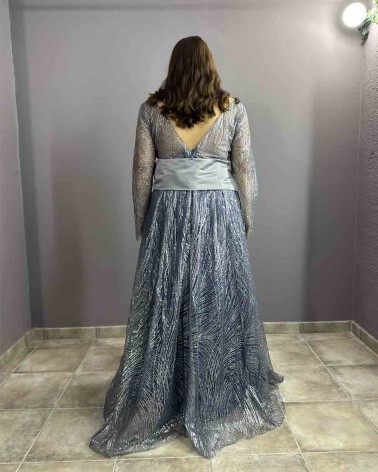 vestido de fiesta largo plata con lazo y corsé