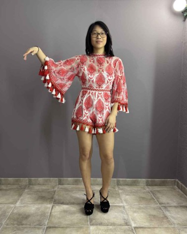 Mono de Fiesta Corto de encaje ibicenco rojo y blanco