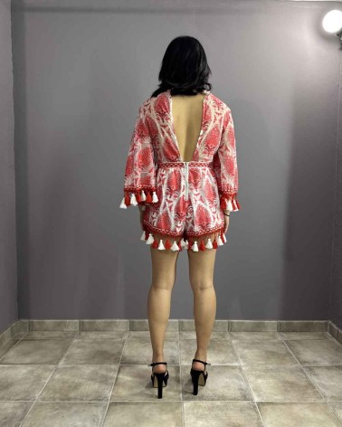 Mono de Fiesta Corto de encaje ibicenco rojo y blanco