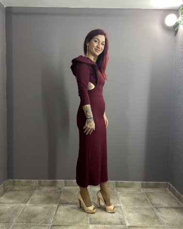 Vestido Midi Largo Granate Manga Media