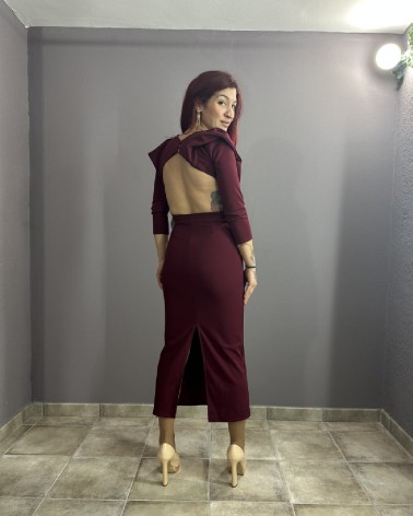 Vestido Midi Largo Granate Manga Media