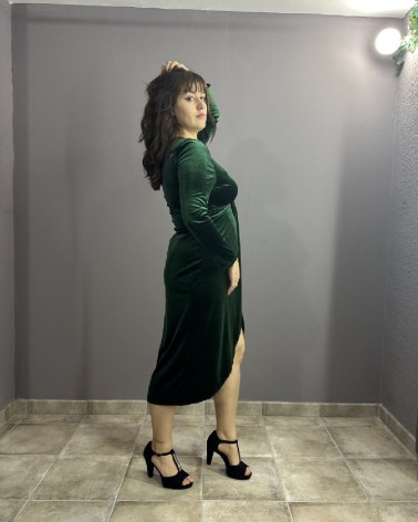 Vestido Midi Verde Terciopelo Manga Larga