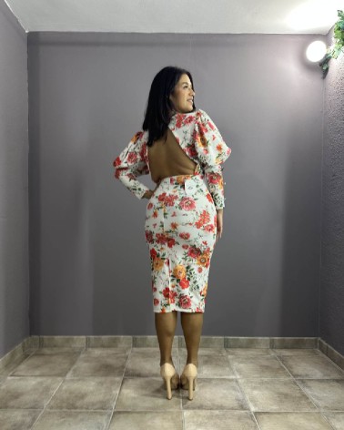 Vestido midi estampado flores falda tubo