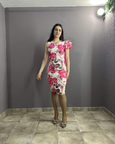 Vestido con estampado floral manga drapeada midi