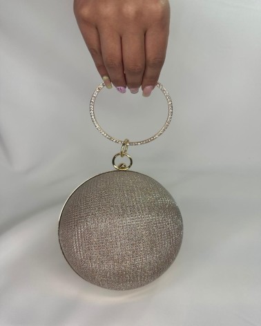 Bolso esfera glitter plata con asa rígida dorada