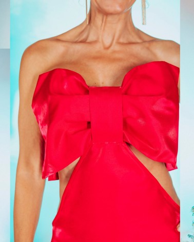 Vestido corto rosa palabra de honor con lazo XL estructurado