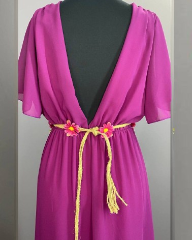 Cinturón floral de rafia multicolor con rosa fucsia protagonista