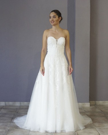 Vestido de Novia Princesa con Escote en V Profunda Mangas de Tul y Falda de tul Brillante