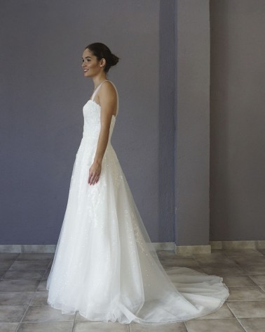 Vestido de Novia Princesa con Escote en V Profunda Mangas de Tul y Falda de tul Brillante