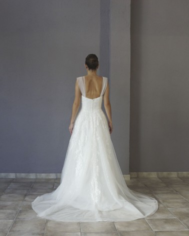 Vestido de Novia Princesa con Escote en V Profunda Mangas de Tul y Falda de tul Brillante
