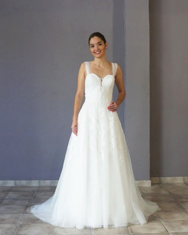 Vestido de Novia Princesa con Escote en V Profunda Mangas de Tul y Falda de tul Brillante