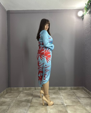 Vestido raso azul y rojo manga larga escote en V