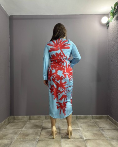 Vestido raso azul y rojo manga larga escote en V