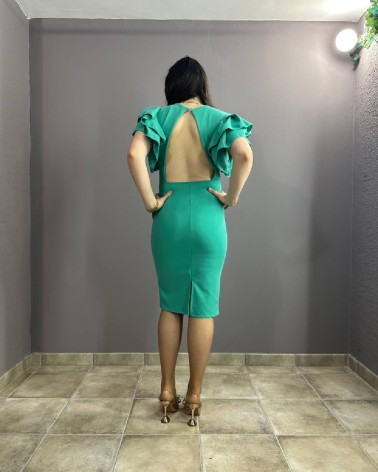 Vestido Midi color verde agua manga abullonada