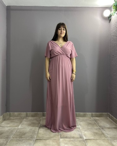 Vestido largo malva de gasa escote en uve cruzado