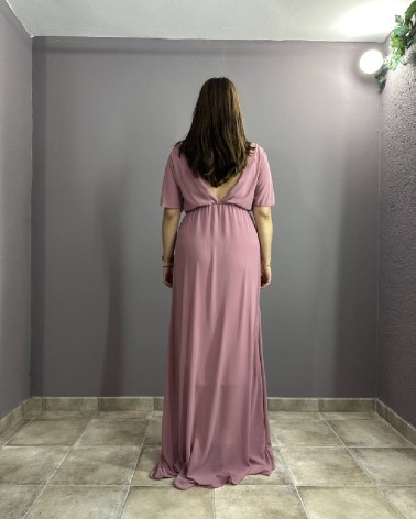 Vestido largo malva de gasa escote en uve cruzado