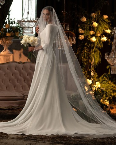 Vestido de novia minimalista de manga francesa con cola fluida