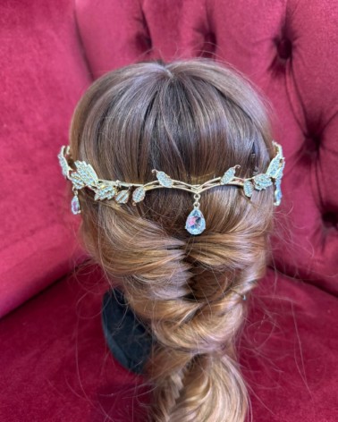 Corona / tiara de novia dorada con cristales colgantes