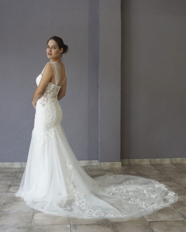 Vestido de Novia Corte Sirena Mangas de Tul Escote Corazón con Encaje