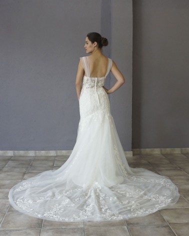 Vestido de Novia Corte Sirena Mangas de Tul Escote Corazón con Encaje