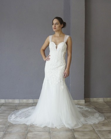 Vestido de Novia Corte Sirena Mangas de Tul Escote Corazón con Encaje
