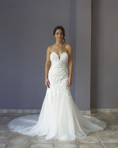 Vestido de Novia Corte Sirena Mangas de Tul Escote Corazón con Encaje