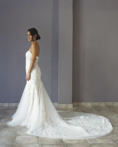 Vestido de Novia Corte Sirena Mangas de Tul Escote Corazón con Encaje