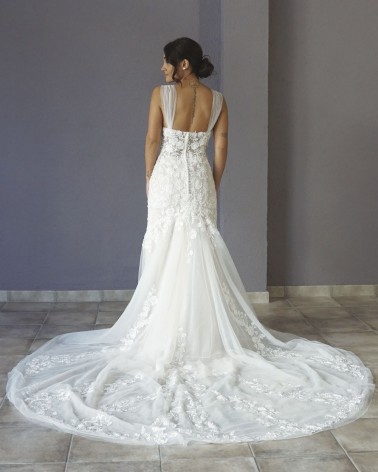 Vestido de Novia Corte Sirena Mangas de Tul Escote Corazón con Encaje