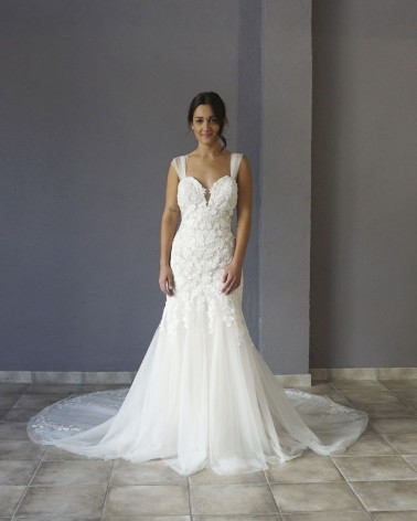 Vestido de Novia Corte Sirena Mangas de Tul Escote Corazón con Encaje
