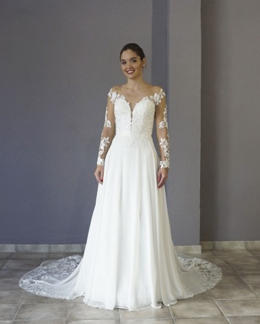 Vestido de Novia Línea A con Encaje en el Escote y Falda