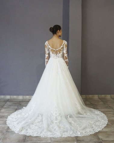 Vestido de Novia Princesa con Mangas de Encaje Escote Corazón e Ilusión
