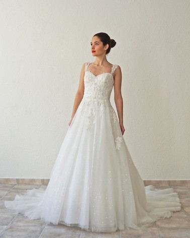 Vestido de Novia Princesa con encaje escote palabra de honor y falda de tul brillante