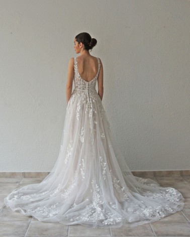 Vestido de Novia Princesa con Escote en V Encaje de Hojas y Espalda Descubierta