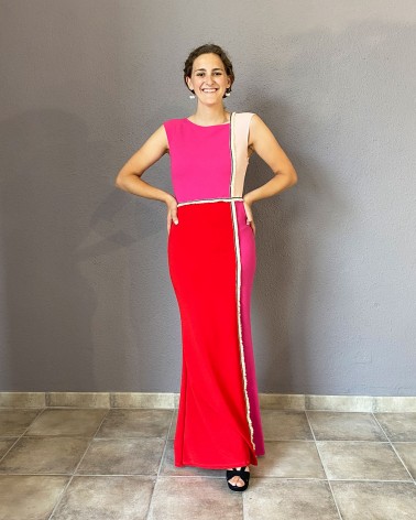 Vestido largo tubo tricolor fucsia y rojo